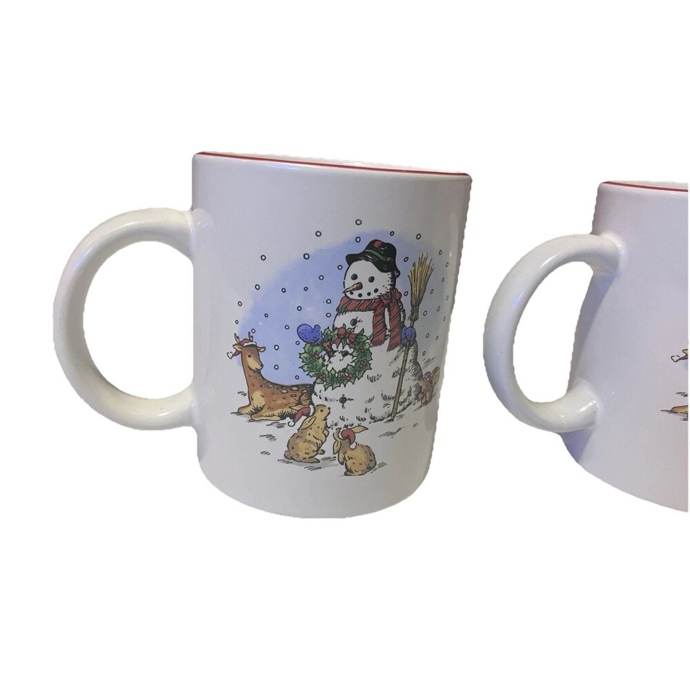 Set of  Two Vintage  Snowman by Salem China Christmas Holiday Red trim Mugs - Picture 5 of 15